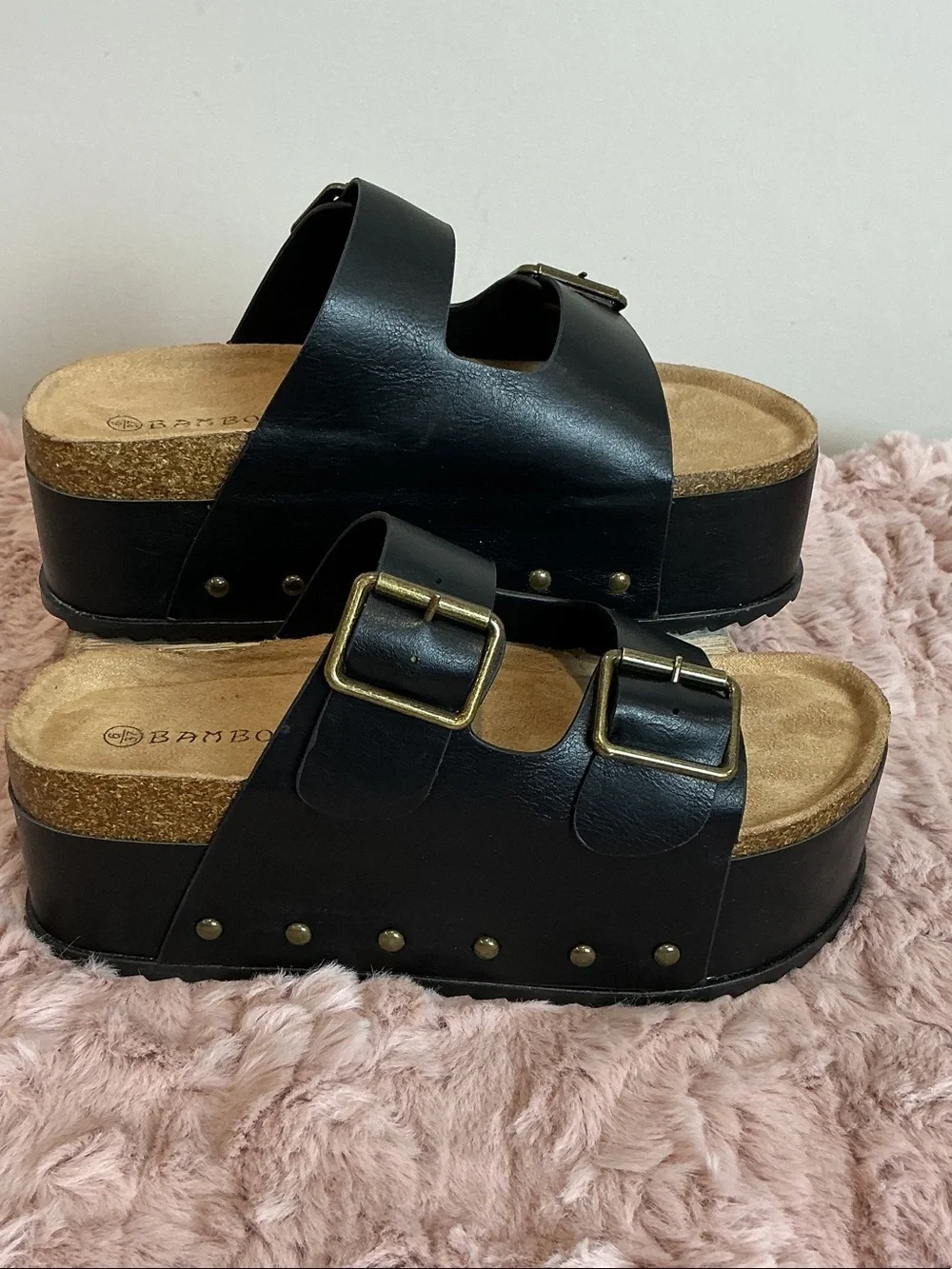 BAMBOO  Blowout Black Platform Double Buckle Slide Sandals